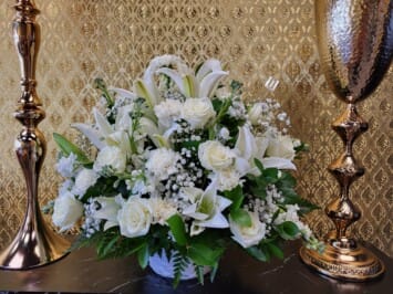 Deluxe white roses and flowers arrangement