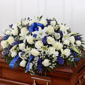 White & Blue Serenity Casket Flowers with 5 DOZEN WHITE ROSES