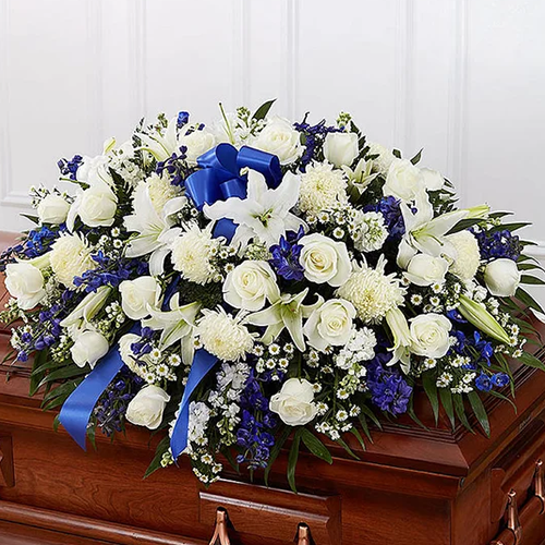 White & Blue Serenity Casket Flowers with 5 DOZEN WHITE ROSES