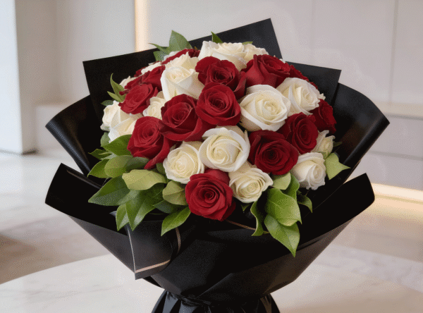 25 LARGE white & red rose wrapped bouquet DELUXE VALENTINE 2026 EDITION!