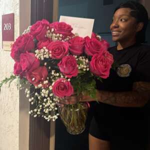 Hot Pink Rose Bouquet in Glass Vase with Card