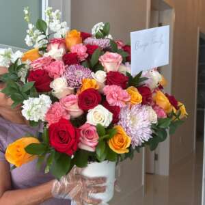 Mixed Color Rose and Carnation Bouquet in White Vase