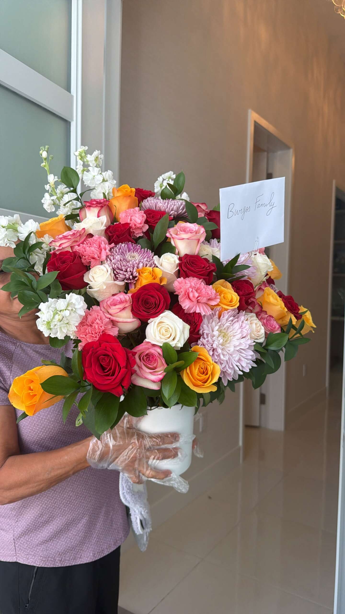 Mixed Color Rose and Carnation Bouquet in White Vase